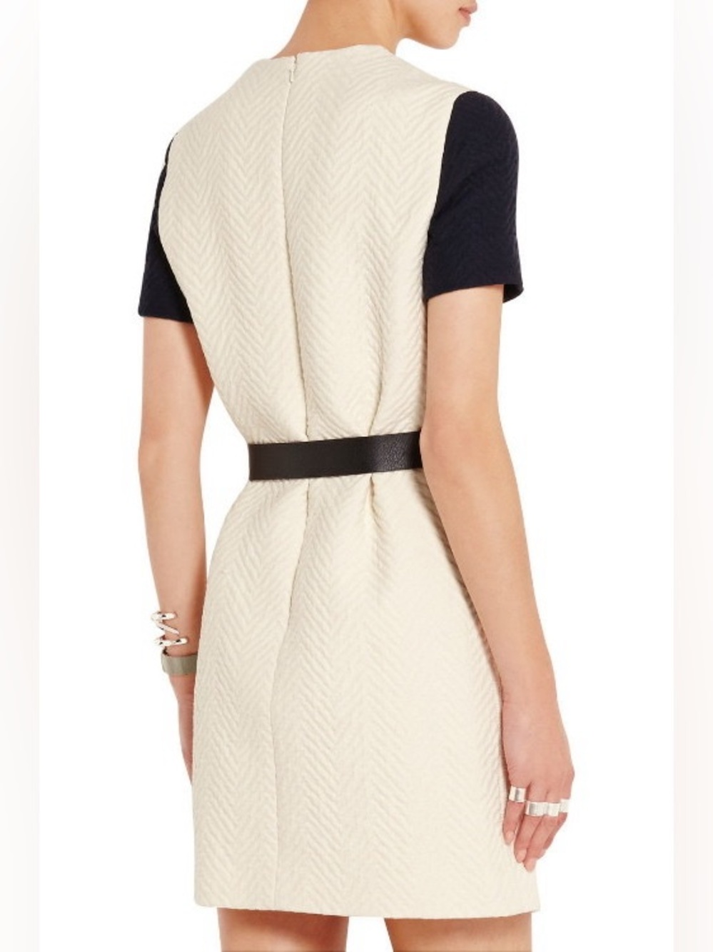 Victoria Beckham Cream Navy Blue Sleeves Belted Cloque Mini Dress - Picture 2 of 6